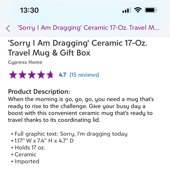Cypress Home-"Sorry I Am Dragging Today" ceramic travel mug & gift box set 17oz - Picture 10 of 10